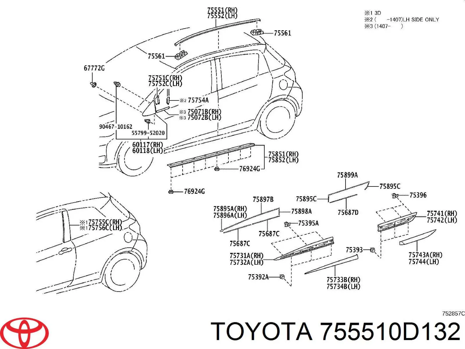 Moldura do teto direita Toyota 755510D132 preço, a partir de 43,01 USD