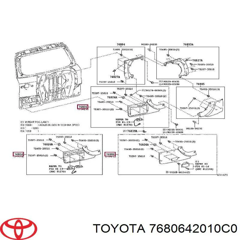 7680642010C0 Toyota Placa sobreposta esquerda de porta-malas (de 3ª/5ª porta traseira)