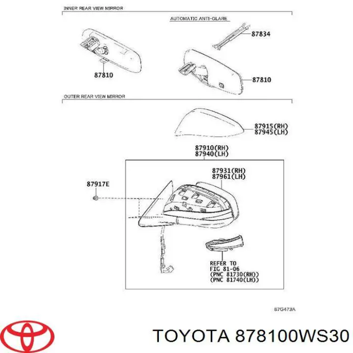 878100WS30 Toyota Espelho de salão interno