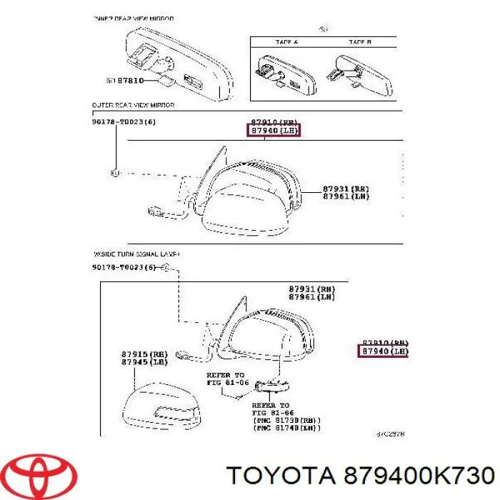 879400K730 Toyota Espelho de retrovisão esquerdo
