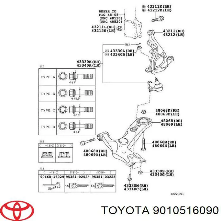 9010516090 Toyota Parafuso de fixação de braço oscilante dianteiro