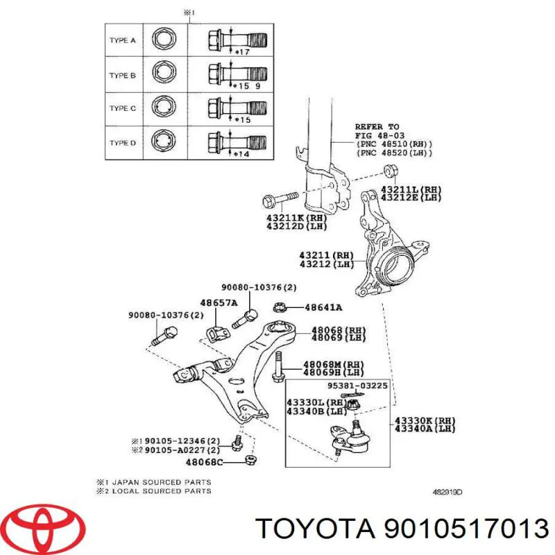 9010517013 Toyota Parafuso de fixação de amortecedor dianteiro