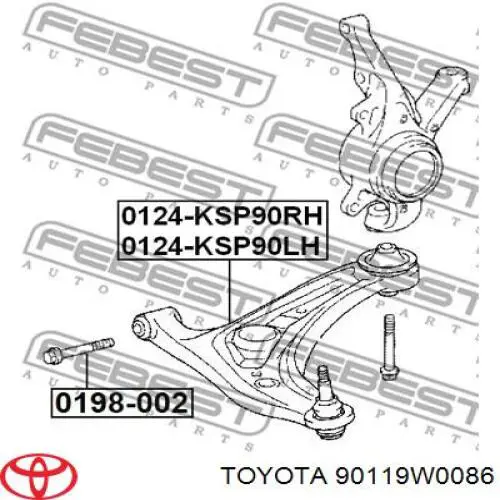 90119W0086 Toyota Parafuso de fixação de braço oscilante dianteiro, inferior