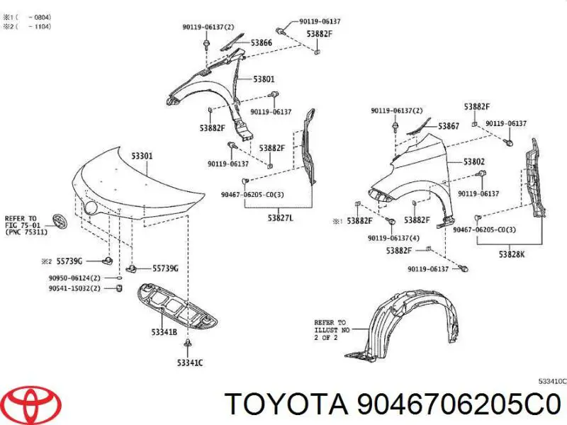 Cápsula (prendedor) de fixação do forro do pára-choque do pára-lama dianteiro Toyota 9046706205C0 preço, a partir de  