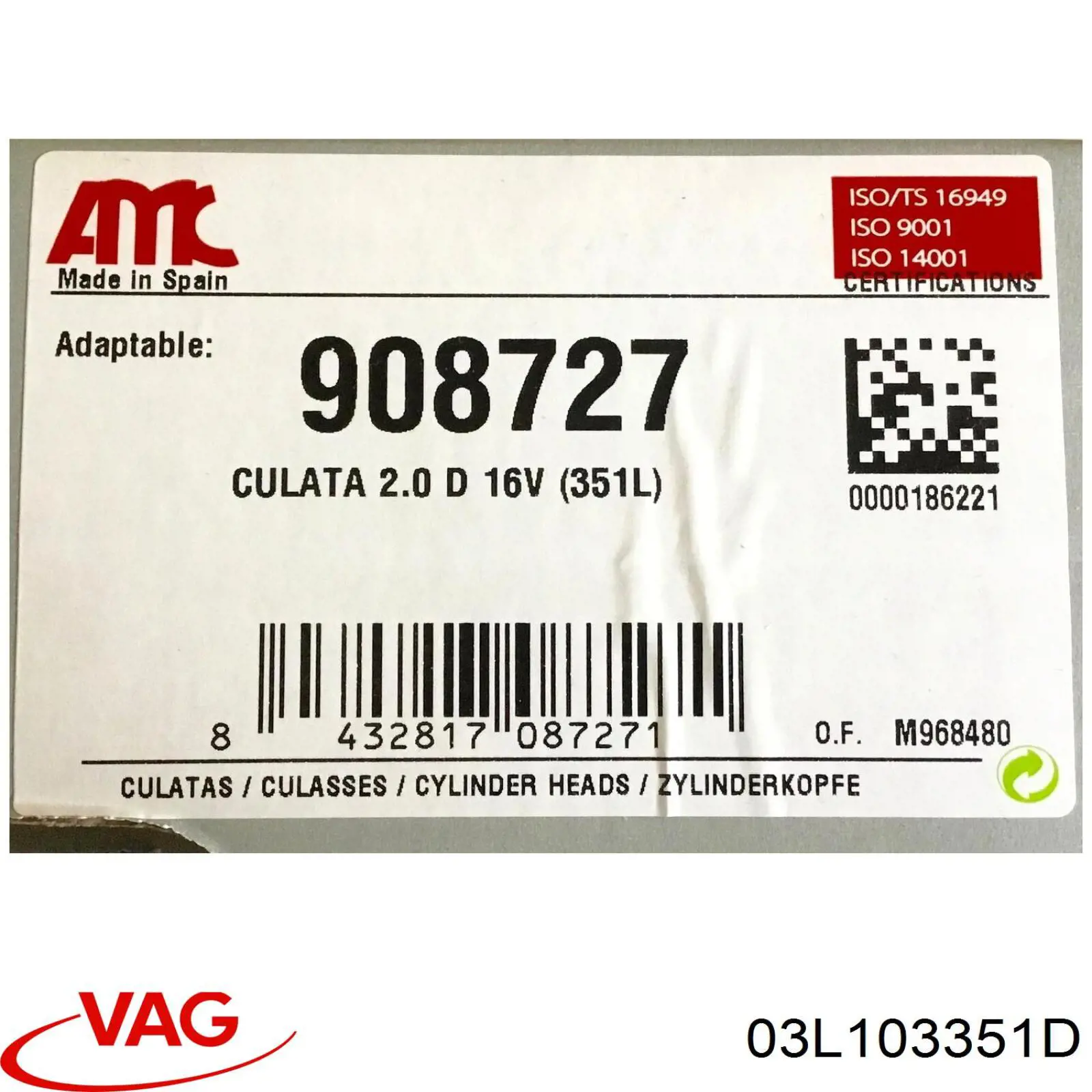 Cabeça de motor (CBC) 03L103351D VAG