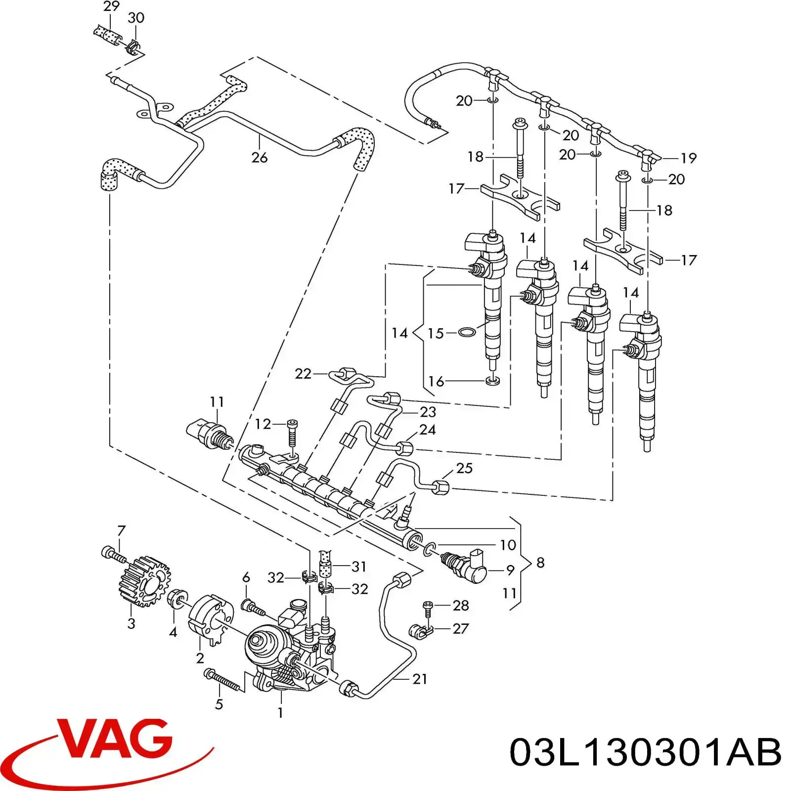 03L130301AB VAG Tubo de combustível do injetor de 3º cilindro