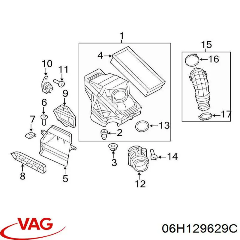 Tomada de ar de filtro de ar VAG 06H129629C preço, a partir de 39,11 USD