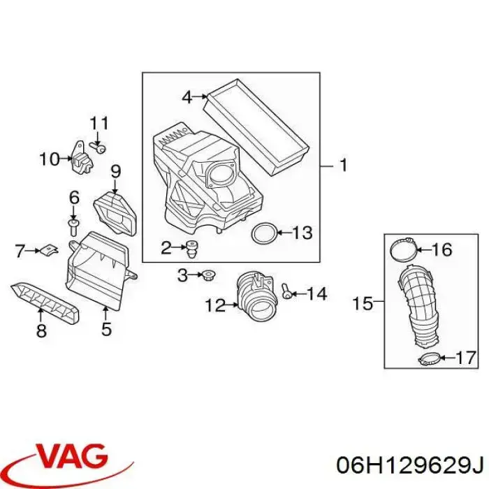 Cano derivado de ar, saída de filtro de ar VAG 06H129629J preço, a partir de 36,61 USD
