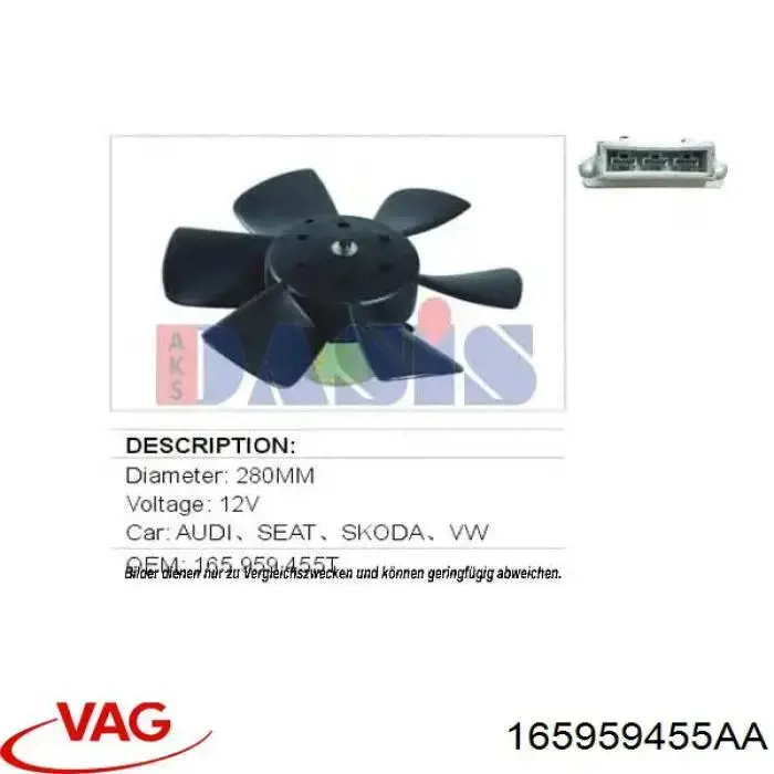 165959455AA VAG Ventilador elétrico de esfriamento montado (motor + roda de aletas)