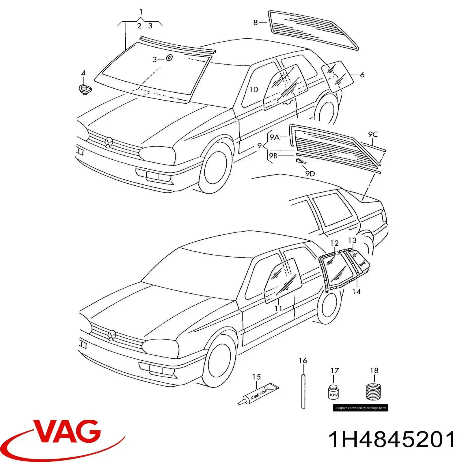 1H4845201 VAG Vidro da porta dianteira esquerda