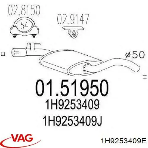 Silenciador, parte central VAG 1H9253409E preço, a partir de 85,51 USD