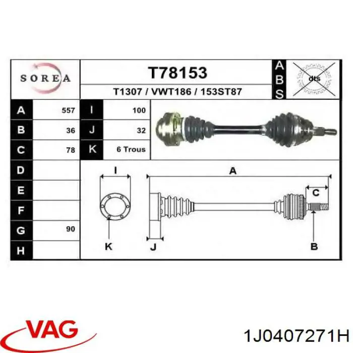 Semieixo (acionador) dianteiro esquerdo VAG 1J0407271H preço, a partir de 62,99 USD