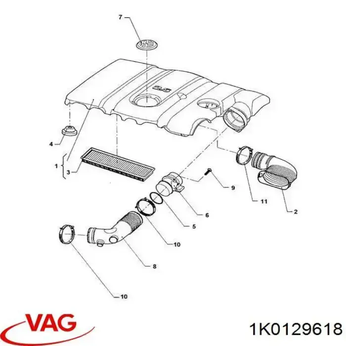 1K0129618 VAG Cano derivado de ar, saída de filtro de ar