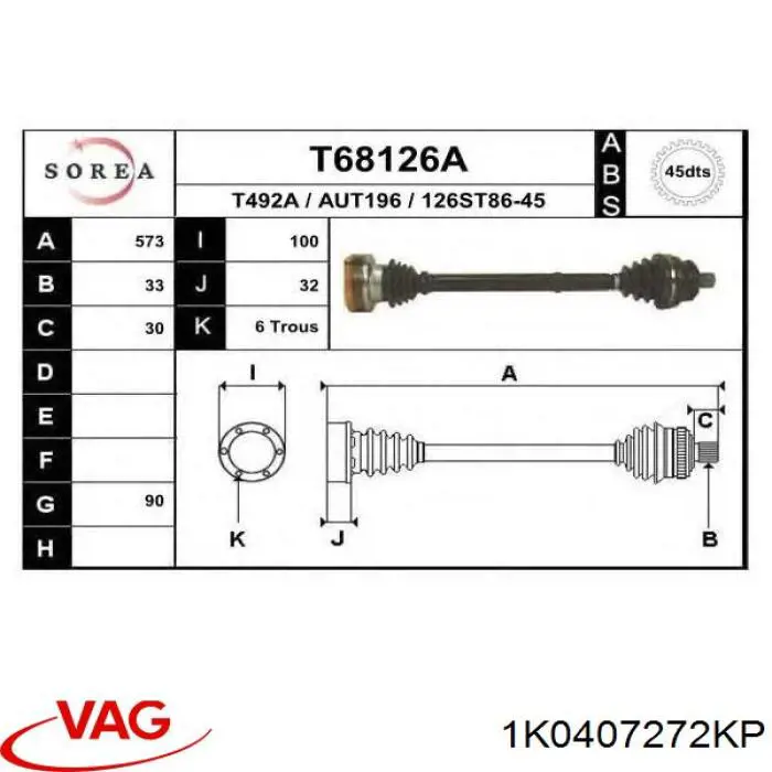 1K0407272KP VAG Semieixo (acionador) dianteiro direito