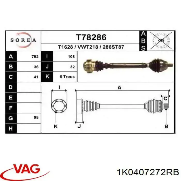 Semieixo (acionador) dianteiro direito VAG 1K0407272RB preço, a partir de 71,74 USD