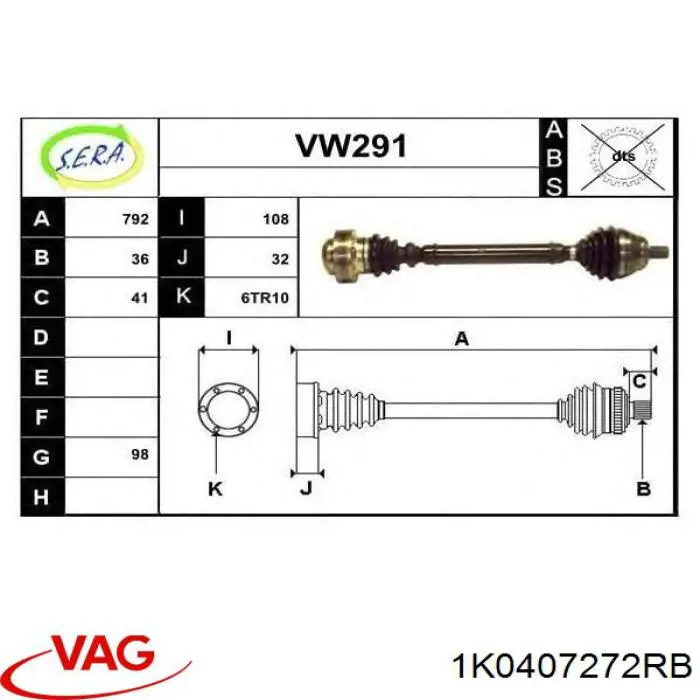 1K0407272RB VAG Semieixo (acionador) dianteiro direito