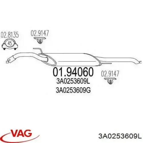 Silenciador, parte traseira VAG 3A0253609L preço, a partir de 79,81 USD