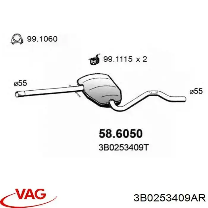 Silenciador, parte central VAG 3B0253409AR preço, a partir de 141,93 USD