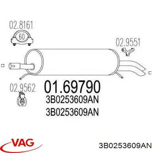 3B0253609AN VAG Silenciador, parte traseira