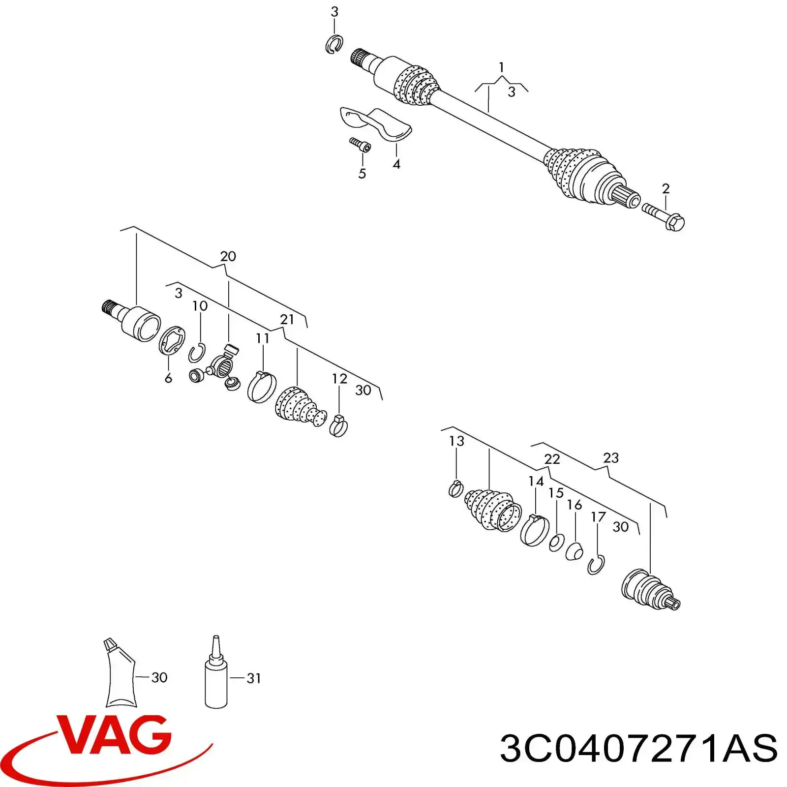 Semieixo (acionador) dianteiro esquerdo VAG 3C0407271AS preço, a partir de 131,97 USD