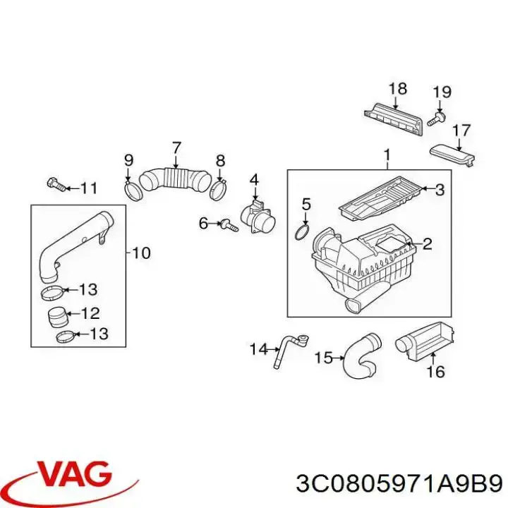3C0805971A9B9 VAG Tomada de ar de filtro de ar