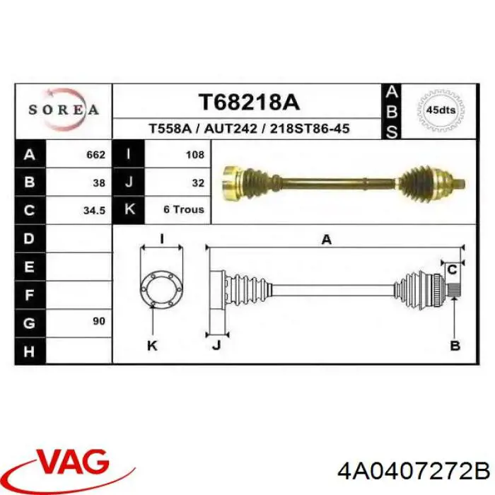 Semieixo (acionador) dianteiro direito VAG 4A0407272DJ preço, a partir de 221,73 USD