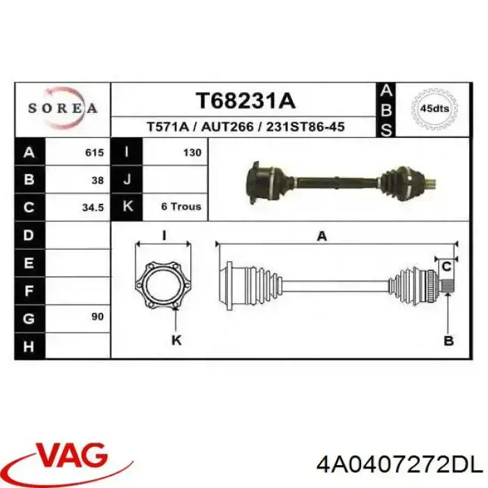 Semieixo (acionador) dianteiro VAG 4A0407272AS preço, a partir de 1152,20 USD