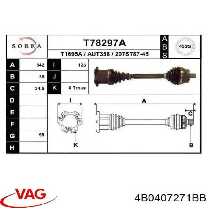 Semieixo (acionador) dianteiro VAG 4B0407271BB preço, a partir de 119,90 USD