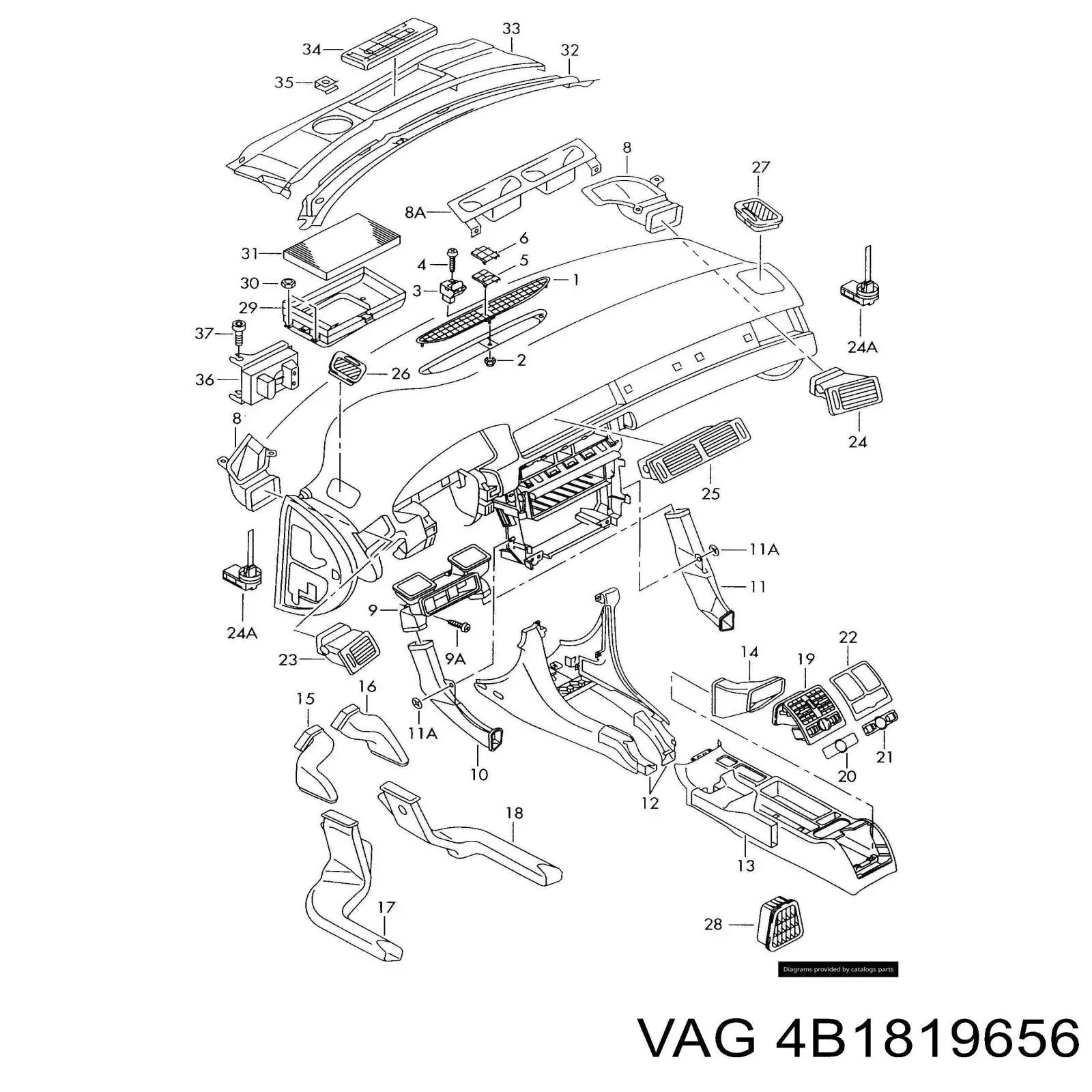 Conduto de ar (distribuidor de ar para "painel de instrumentos") direito VAG 4B1819656 preço, a partir de 51,19 USD