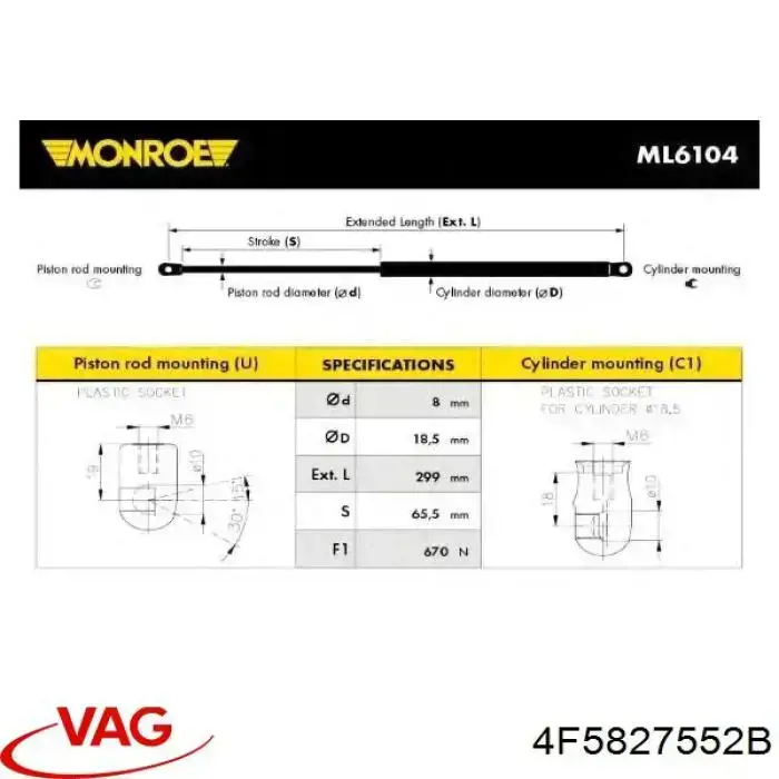 Amortecedor de tampa de porta-malas (de 3ª/5ª porta traseira) VAG 4F5827552B preço, a partir de 19,26 USD