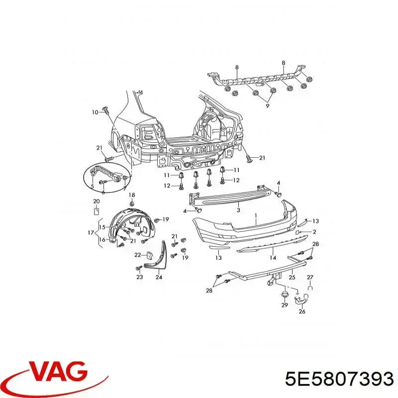 5E5807393 VAG Consola esquerda do pára-choque traseiro