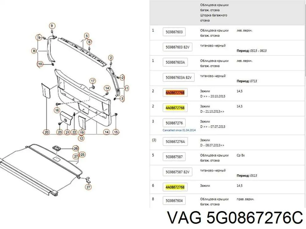 Cápsula (prendedor) de fixação de revestimento de tampa de porta-malas VAG 5G0867276C preço, a partir de 0,60 USD