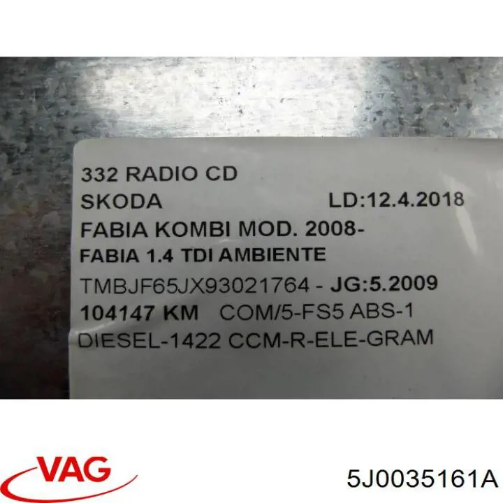 Aparelhagem de som (rádio AM/FM) VAG 5J0035161A preço, a partir de 73,21 USD