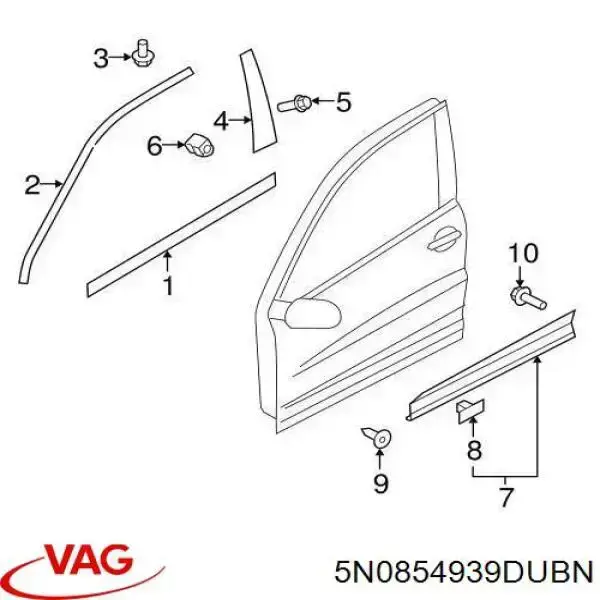 5N0854939DUBN VAG Moldura da porta dianteira esquerda inferior