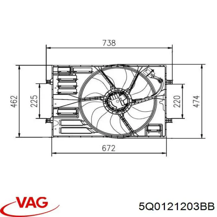 5Q0121203BB VAG Difusor do radiador de esfriamento, montado com motor e roda de aletas