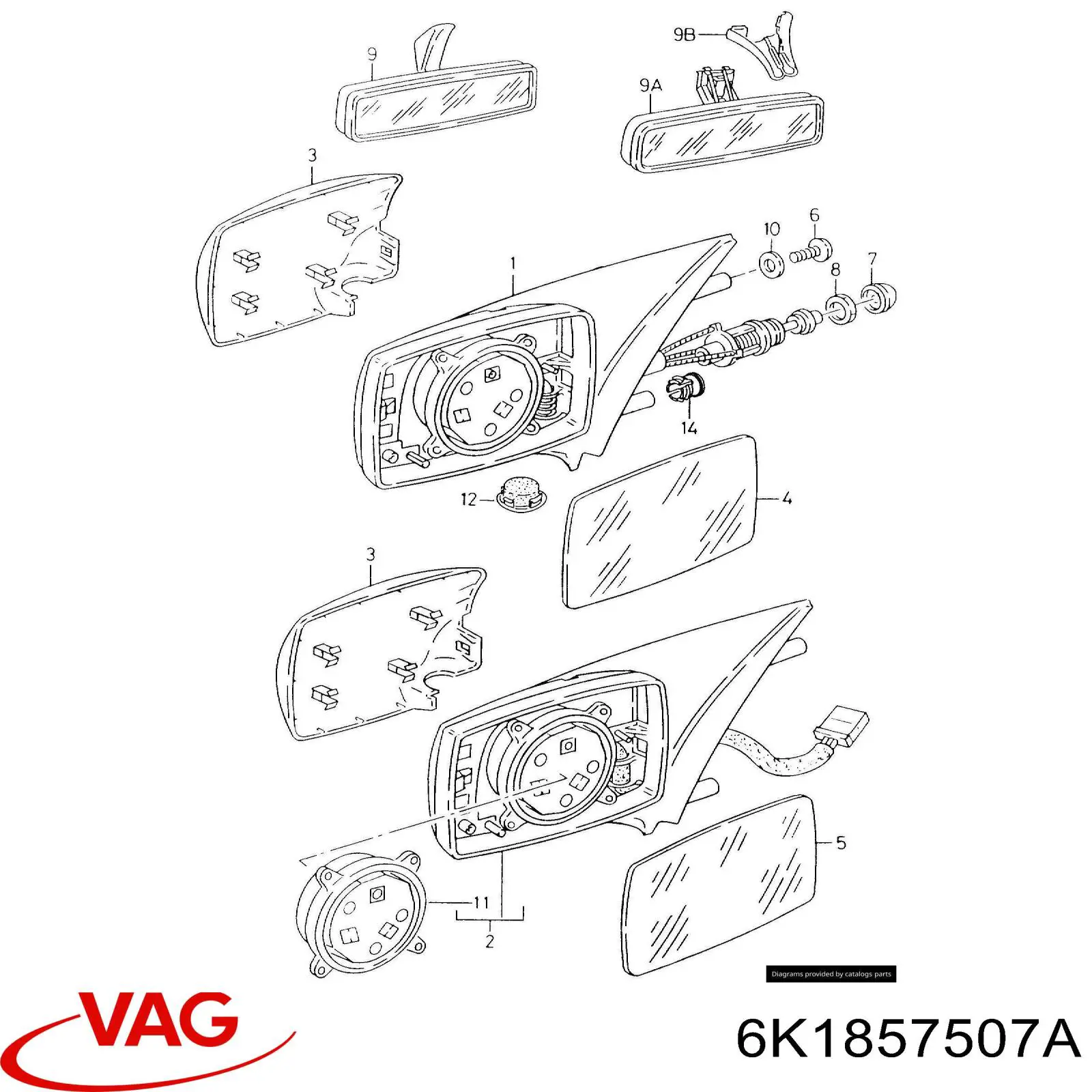 6K1857507A VAG Elemento espelhado do espelho de retrovisão esquerdo
