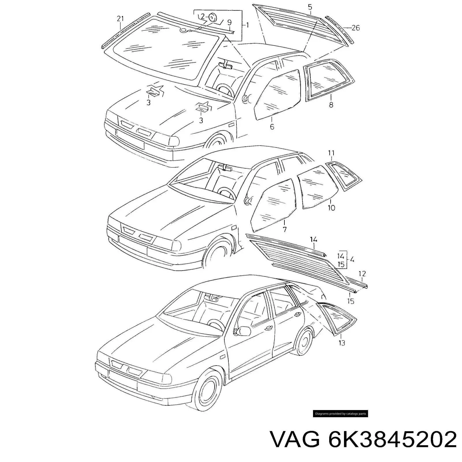 Vidro da porta dianteira direita VAG 6K3845202 preço, a partir de 116,38 USD