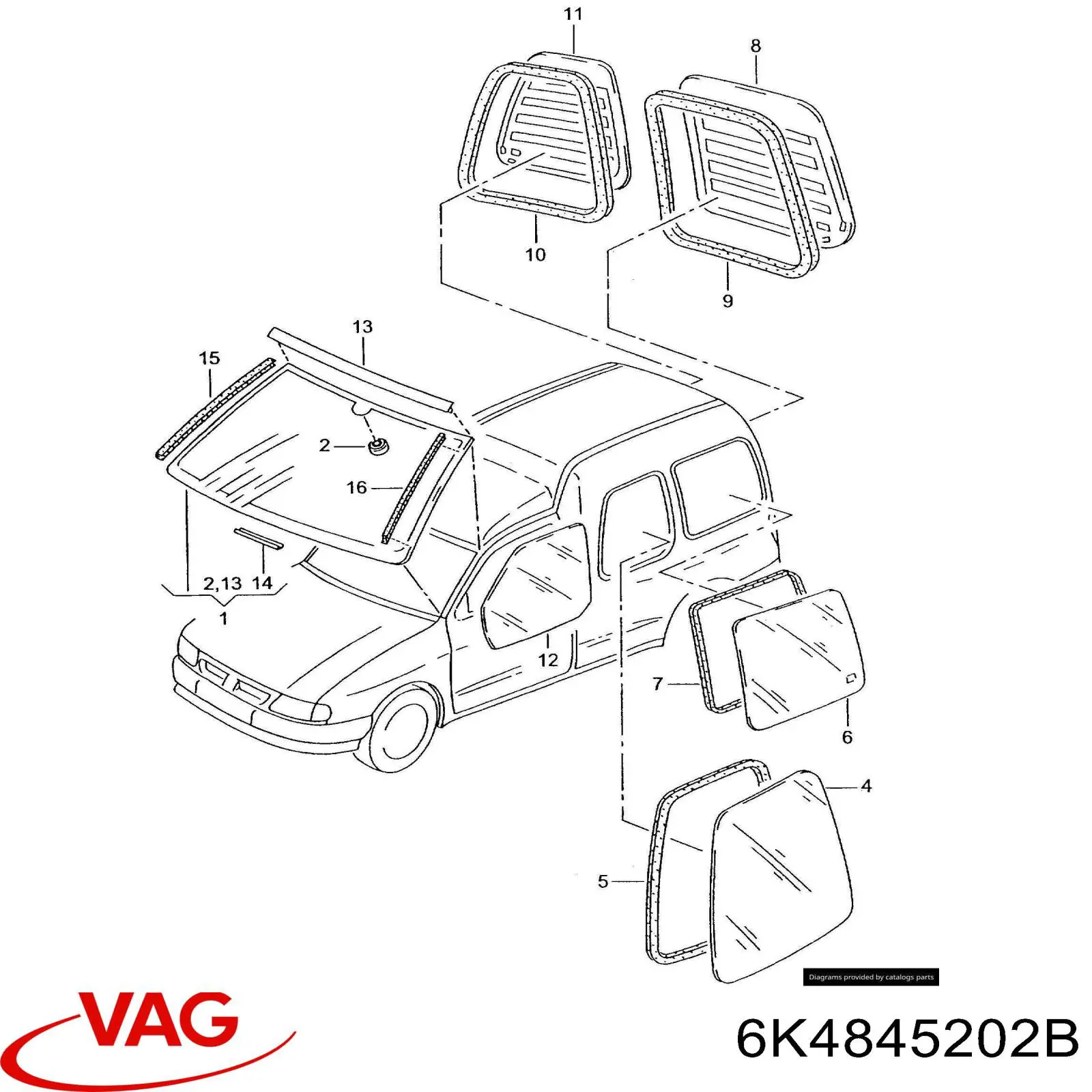 6K4845202B VAG Vidro da porta dianteira direita
