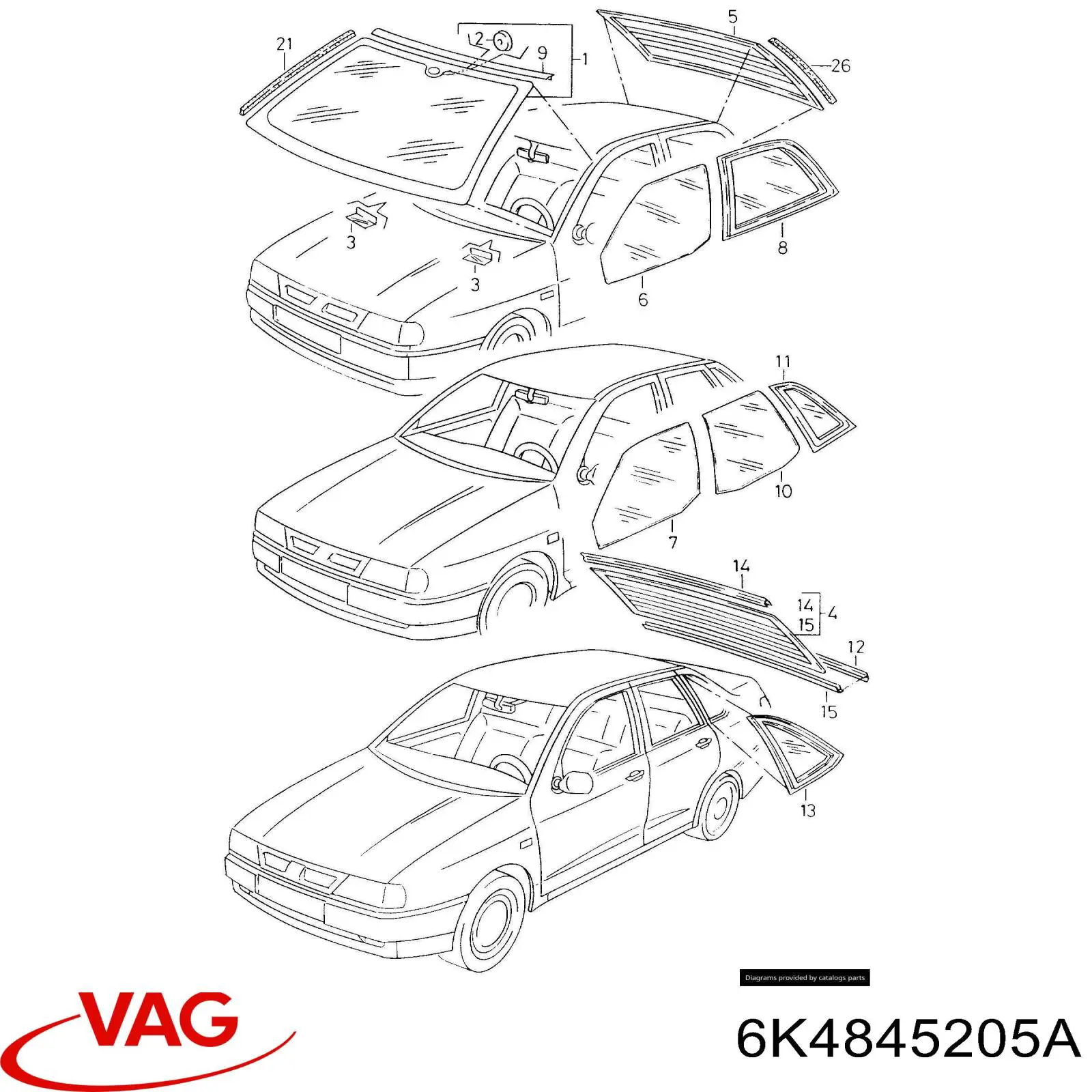 6K4845205A VAG Vidro da porta traseira esquerda