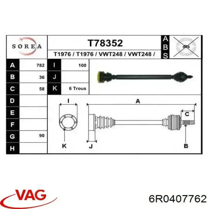Semieixo (acionador) dianteiro direito VAG 6R0407762 preço, a partir de 49,46 USD