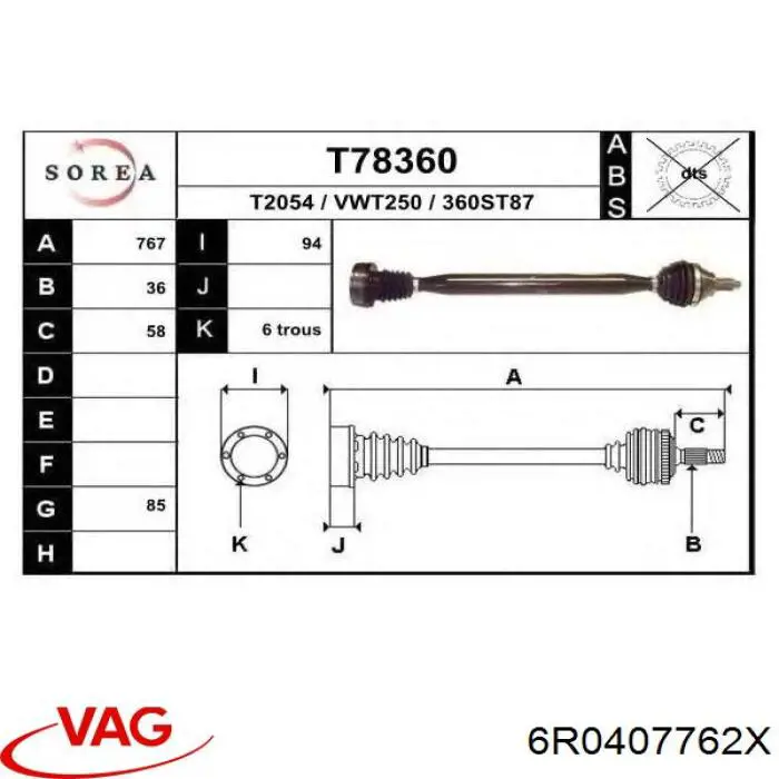 6R0407762X VAG Semieixo (acionador) dianteiro direito