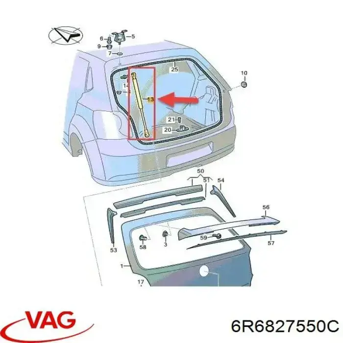 6R6827550C VAG Amortecedor de tampa de porta-malas (de 3ª/5ª porta traseira)