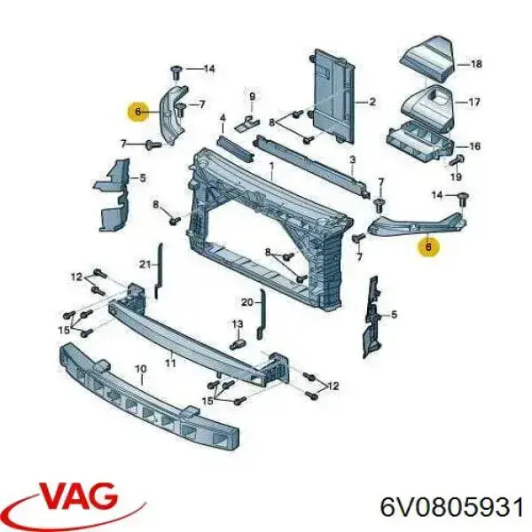 6V0805931 VAG Suporte esquerdo do radiador (painel de montagem de fixação das luzes)