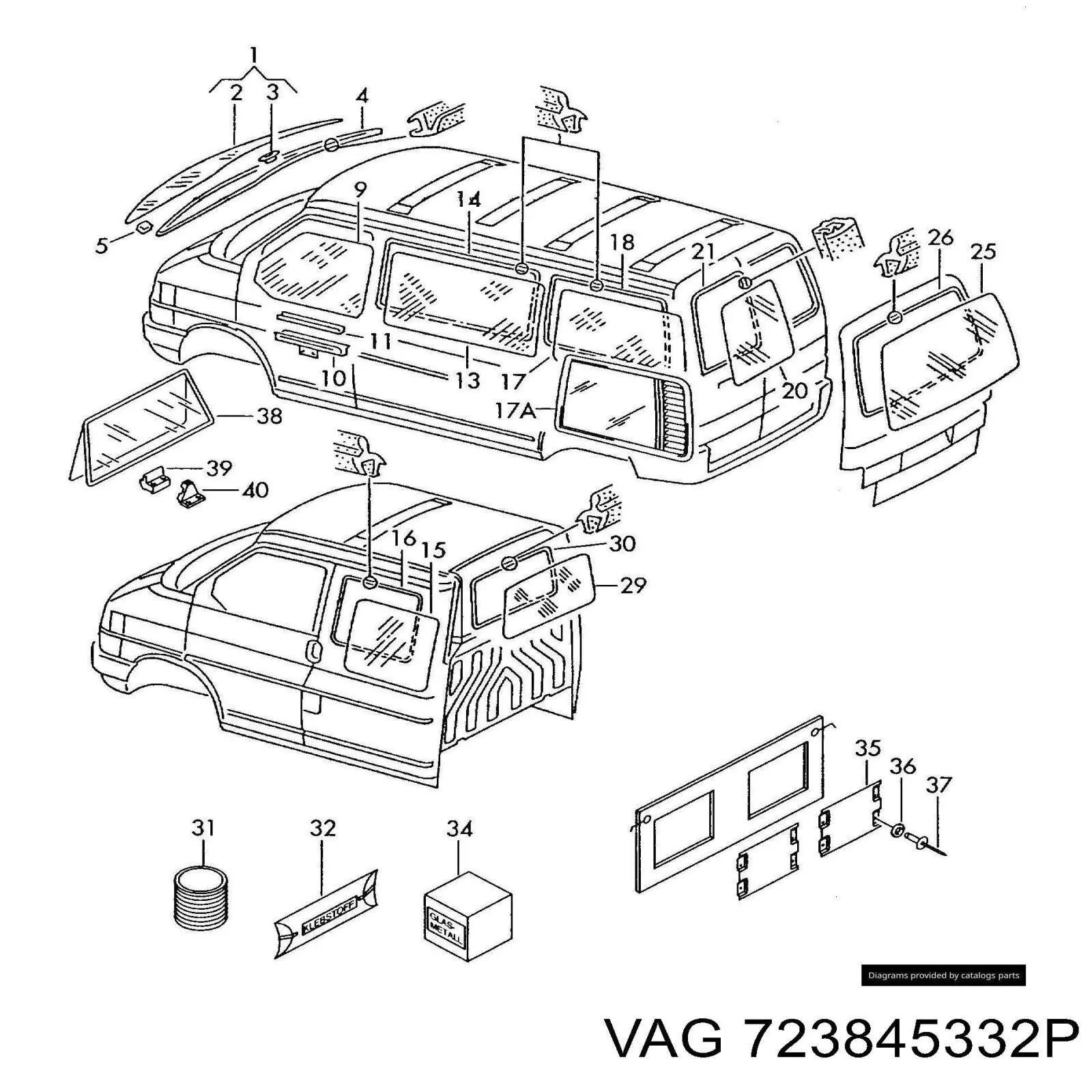 723845332P VAG Vidro de carroçaria (da seção de bagagem) direito