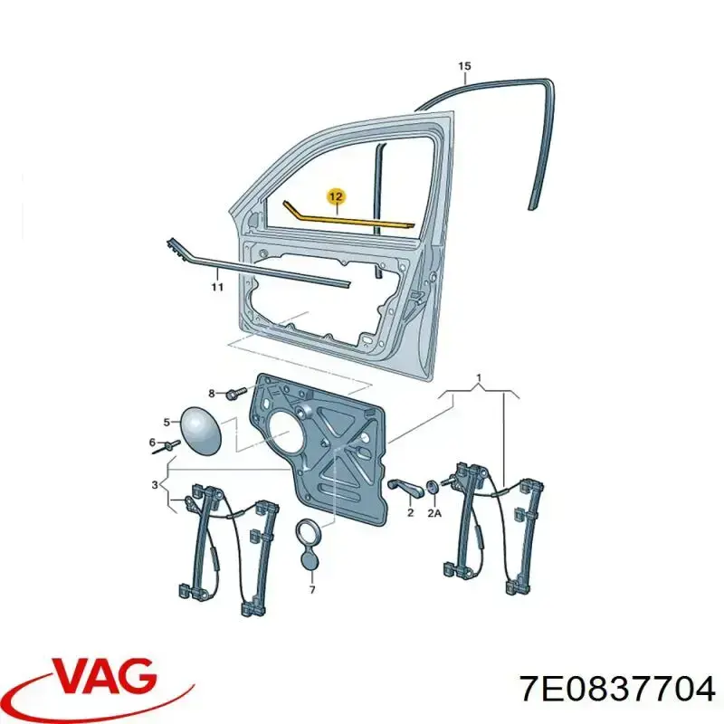 7E0837704 VAG Moldura de vidro deslizante da porta dianteira direita