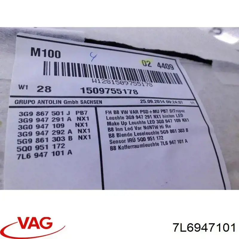 Compre 7L6947101 VAG Quebra-luz da luz de fundo da seção de bagagem