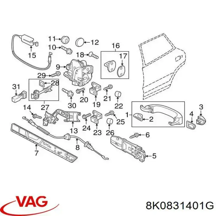Gozno da porta traseira esquerda VAG 8K0831401G preço, a partir de 31,82 USD