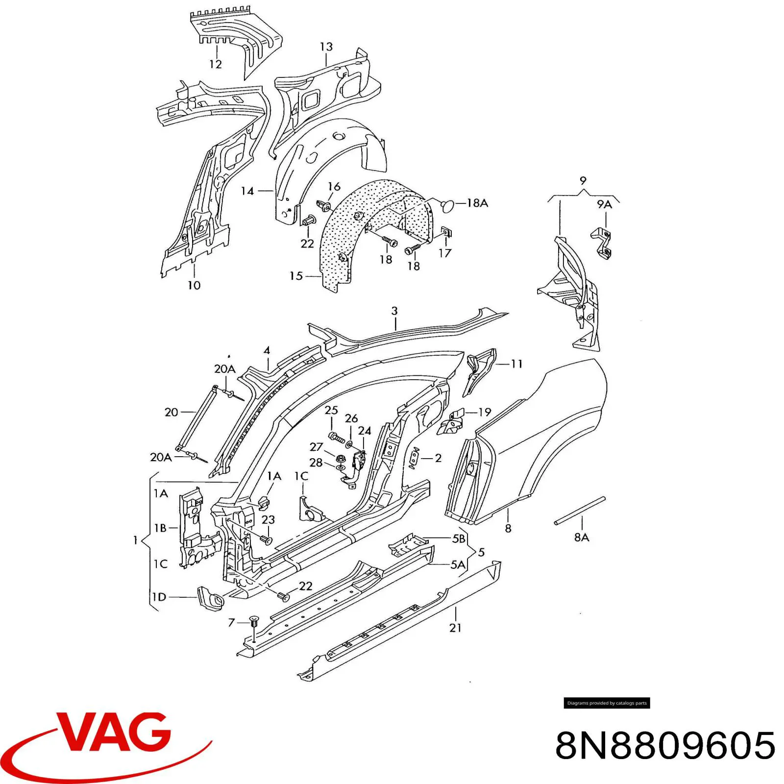 Pára-lama traseiro esquerdo VAG 8N8809605 preço, a partir de 140,20 USD