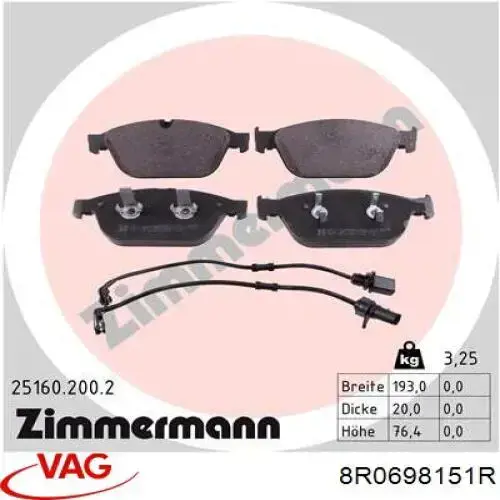 8R0698151R VAG Sapatas do freio dianteiras de disco