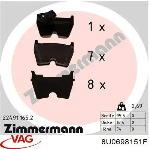 8U0698151F VAG Sapatas do freio dianteiras de disco